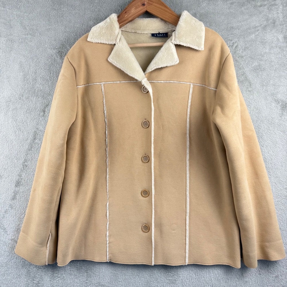 Crazy Horse Y2K Faux Suede Jacket Womens XL Sherpa Lined Tan Beige‎ Winter Coat